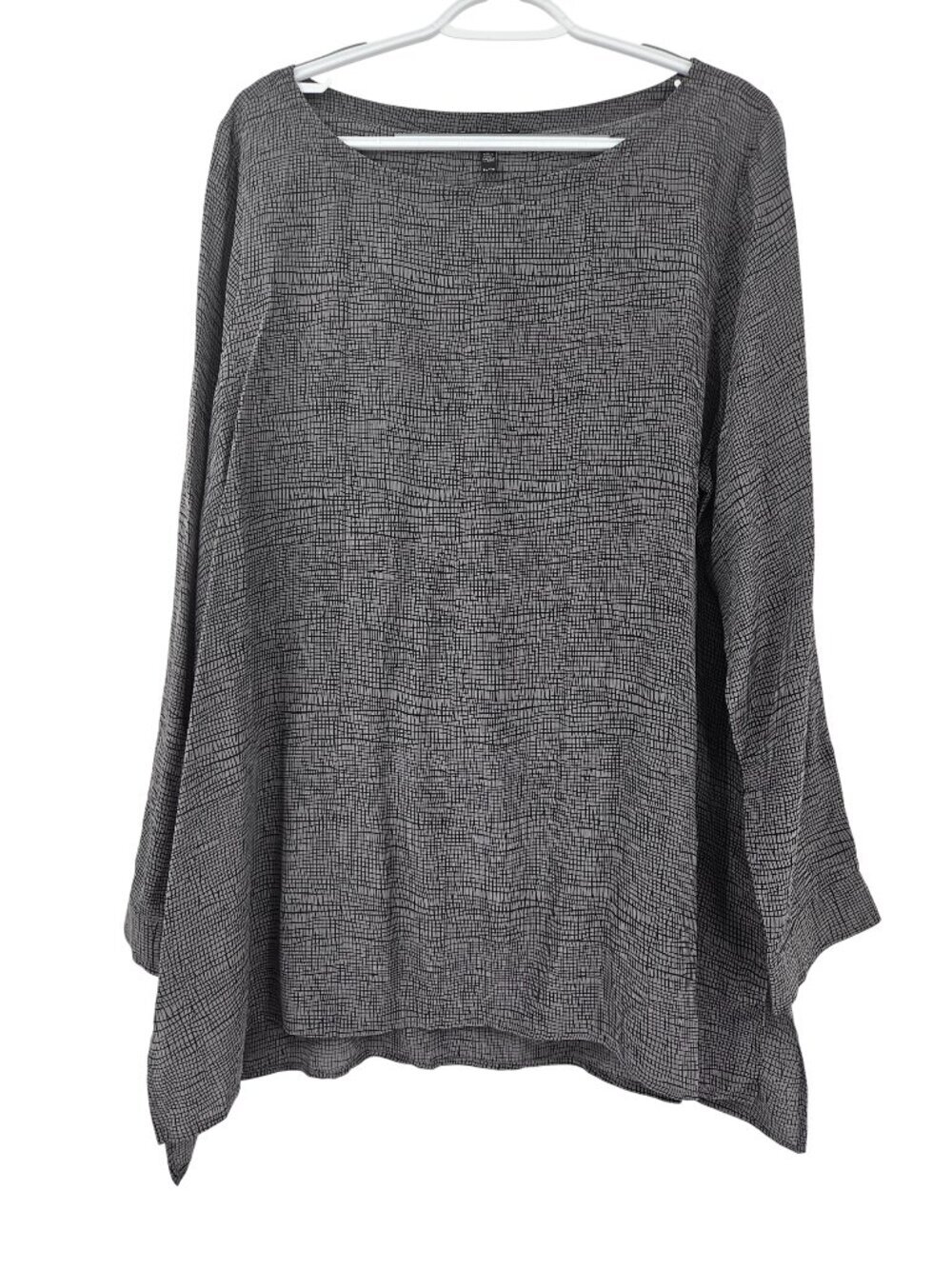 Eileen Fisher Silk Grid Print Tunic Top Gray Women's Size XL Lagenlook Relaxed
